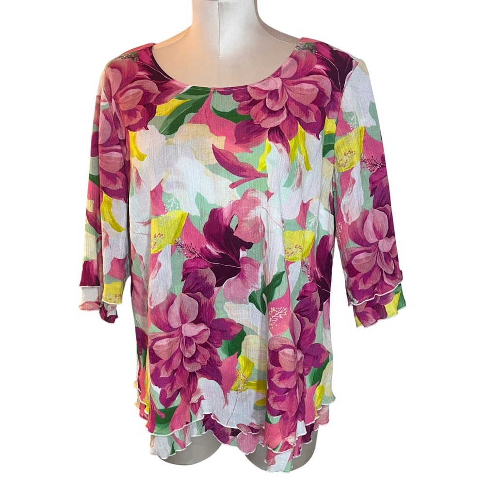 Soft Surroundings Pink Tropical Floral Cotton Tunic Top 3/4 Sleeve PL Bright